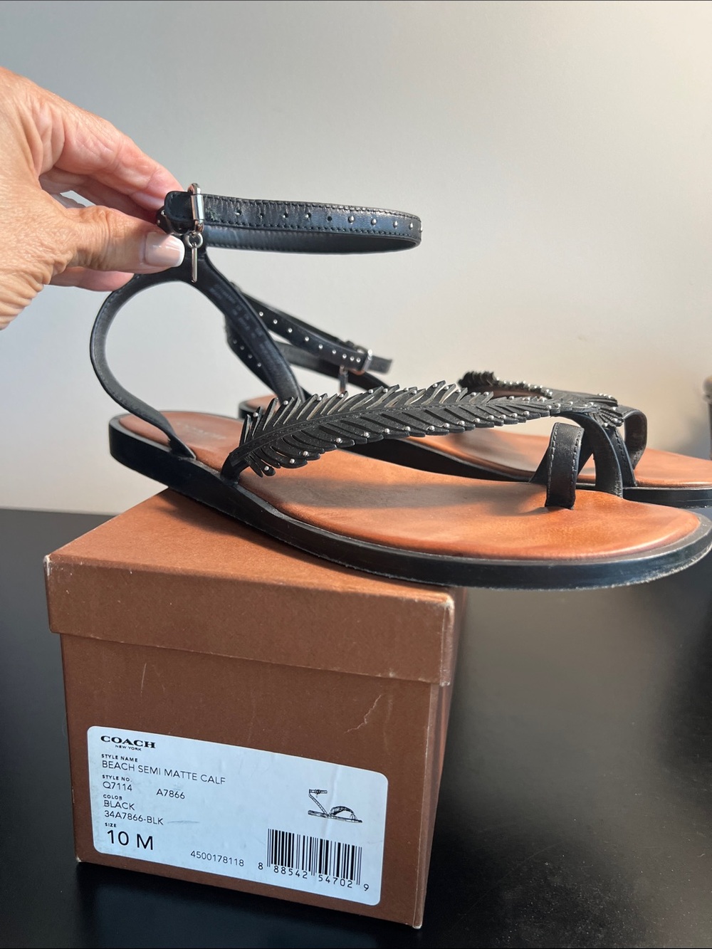 COACH Black Leather Feather-Trim Ankle-Strap Sandals
